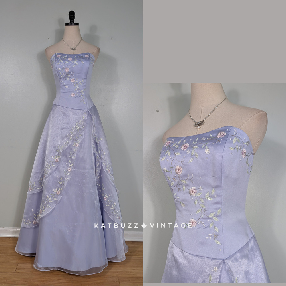 Y2K Prom Dress Maxi Gown 10 Purple Floral Fairy Princess Embroider Strapless
